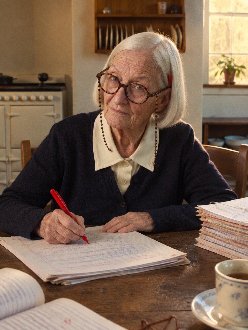 Mrs Pennington marking exam papers at her kitchen table