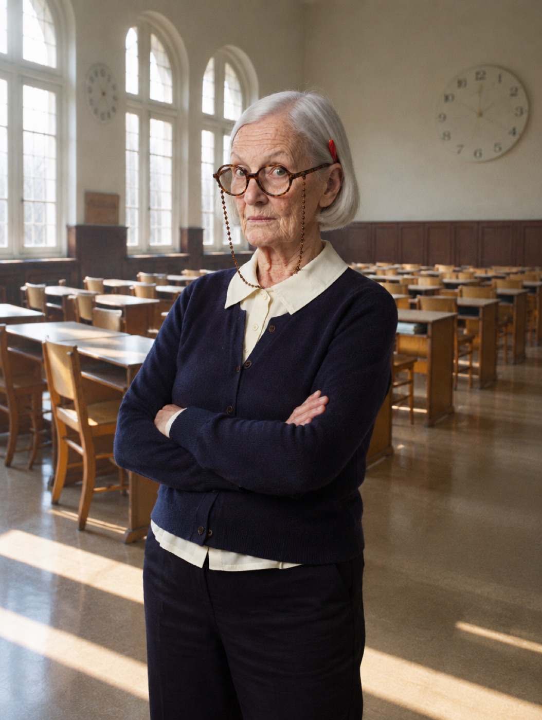 Mrs Pennington standing in an empty exam hall with her arms folded